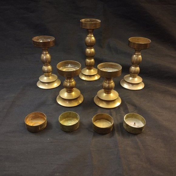 ANTIQUE Set of Mid Century Brass Candlesticks + Holders - Picture 6 of 6
